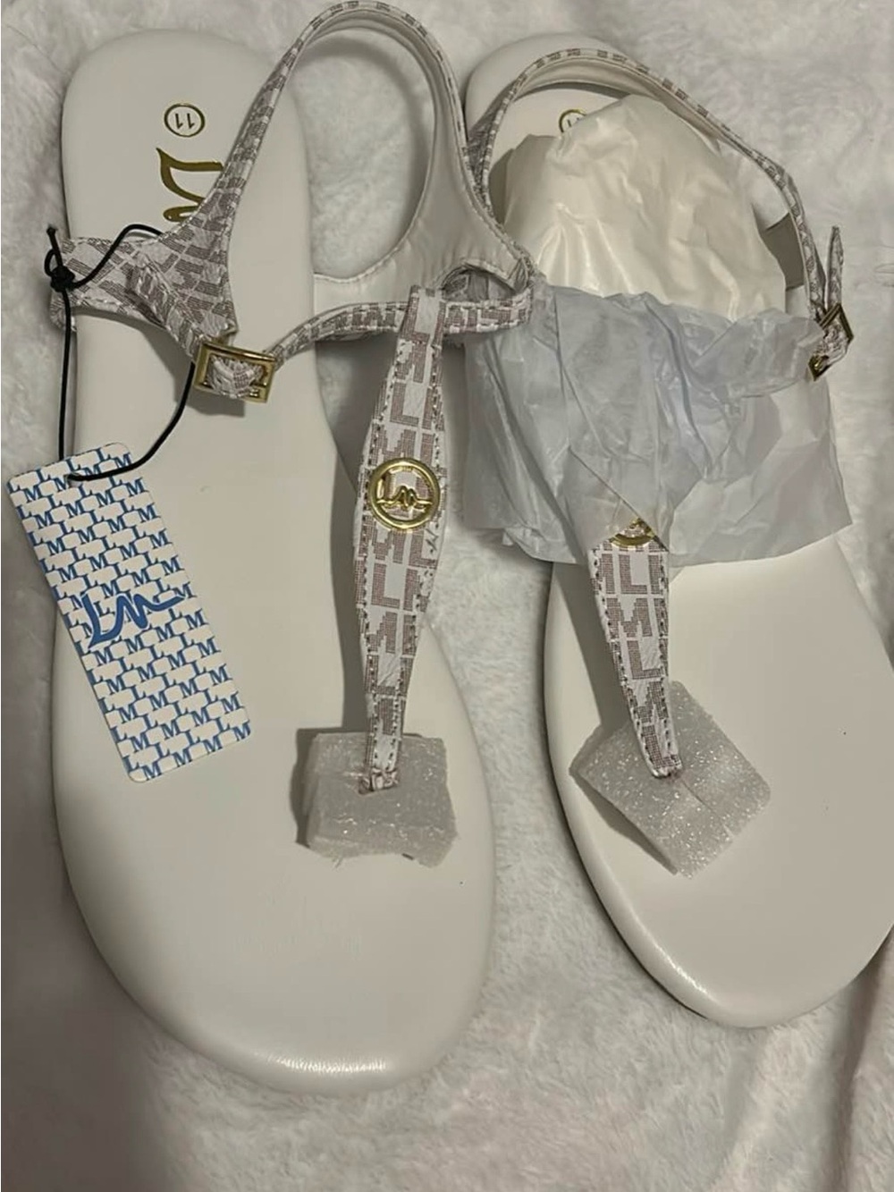 L.A.M.B. Logo T-Strap White Patterned Women’s Sandals